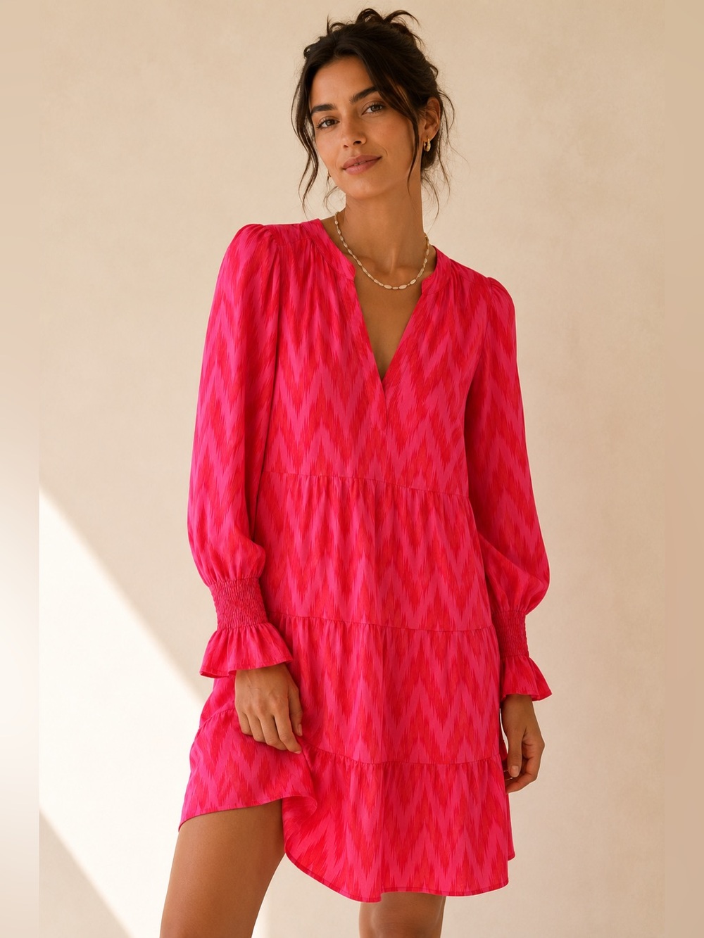 TUCKERNUCK Pomander Place Pink Tiered Mini Dress V Neck Long Sleeve Smocked